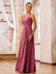 Robe de Demoiselle d'Honneur en Mousseline à Bretelles Spaghetti Doubles Cannelle Rose