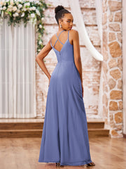 Robe de Demoiselle d'Honneur en Mousseline à Bretelles Spaghetti Doubles Pervenche