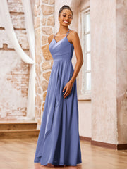 Robe de Demoiselle d'Honneur en Mousseline à Bretelles Spaghetti Doubles Pervenche