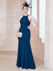 Robe Fourreau en Dentelle Longueur au Sol Licou Bleu Encre Grande Taille