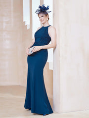 Robe Fourreau en Dentelle Longueur au Sol Licou Bleu Encre