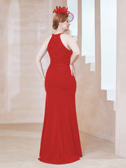 Robe Fourreau en Dentelle Longueur au Sol Licou Rouge