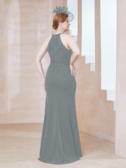 Robe Fourreau en Dentelle Longueur au Sol Licou Gris Acier