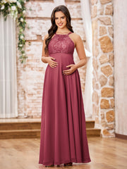Maxi Robe de Maternité avec Haut en Dentelle et Jupe en Mousseline Cannelle Rose