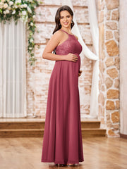Maxi Robe de Maternité avec Haut en Dentelle et Jupe en Mousseline Cannelle Rose