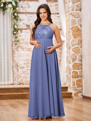 Maxi Robe de Maternité avec Haut en Dentelle et Jupe en Mousseline Pervenche