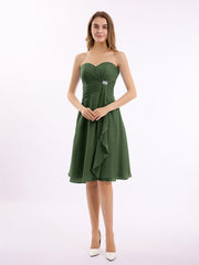 Longueur De Genou Mousseline Robe Avec Col En Cœur Olive Verte Grande Taille