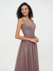 Robes Princesse de Pleine Longueur en Tulle avec Décolleté en V Dusk