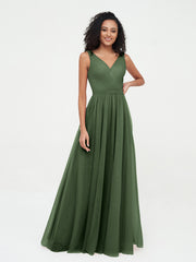 Robes Princesse de Pleine Longueur en Tulle avec Décolleté en V Olive Verte