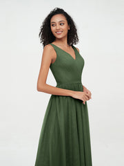 Robes Princesse de Pleine Longueur en Tulle avec Décolleté en V Olive Verte