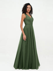 Robes Princesse de Pleine Longueur en Tulle avec Décolleté en V Olive Verte