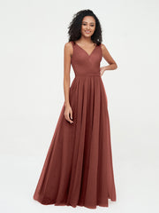 Robes Princesse de Pleine Longueur en Tulle avec Décolleté en V terracotta