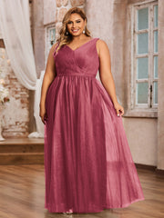 Robes Princesse de Pleine Longueur en Tulle avec Décolleté en V Cannelle Rose Grande Taille