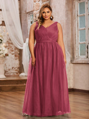 Robes Princesse de Pleine Longueur en Tulle avec Décolleté en V Cannelle Rose