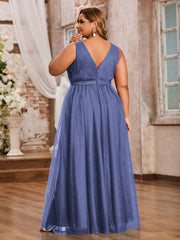 Robes Princesse de Pleine Longueur en Tulle avec Décolleté en V Pervenche