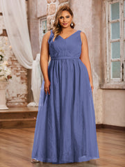 Robes Princesse de Pleine Longueur en Tulle avec Décolleté en V Pervenche