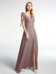 Robe Maxi en Mousseline à Bretelles Plates de Nœud avec Fente à l'Avant Dusk