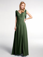 Robe Maxi en Mousseline à Bretelles Plates de Nœud avec Fente à l'Avant Olive Verte Grande Taille