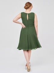 Col En Scoop Mousseline Robe Courte Avec Ceinture Nœud Olive Verte Grande Taille