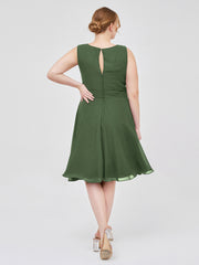 Col En Scoop Mousseline Robe Courte Avec Ceinture Nœud Olive Verte