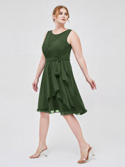 Col En Scoop Mousseline Robe Courte Avec Ceinture Nœud Olive Verte Grande Taille