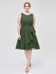 Col En Scoop Mousseline Robe Courte Avec Ceinture Nœud Olive Verte Grande Taille