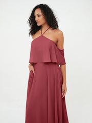 Robes Longues Mousseline à Epaules Dénudées avec Poches Cannelle Rose