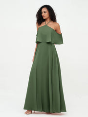 Robes Longues Mousseline à Epaules Dénudées avec Poches Olive Verte Grande Taille