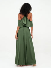 Robes Longues Mousseline à Epaules Dénudées avec Poches Olive Verte Grande Taille