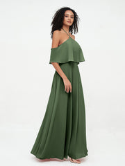 Robes Longues Mousseline à Epaules Dénudées avec Poches Olive Verte Grande Taille