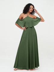 Robes Longues Mousseline à Epaules Dénudées avec Poches Olive Verte Grande Taille