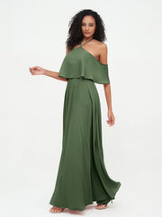 Robes Longues Mousseline à Epaules Dénudées avec Poches Olive Verte Grande Taille