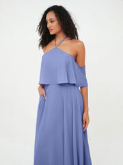 Robes Longues Mousseline à Epaules Dénudées avec Poches Pervenche