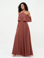 Robes Longues Mousseline à Epaules Dénudées avec Poches terracotta