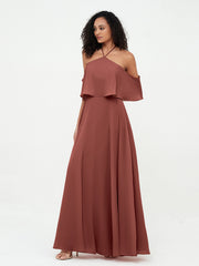 Robes Longues Mousseline à Epaules Dénudées avec Poches terracotta Grande Taille