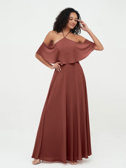 Robes Longues Mousseline à Epaules Dénudées avec Poches terracotta Grande Taille