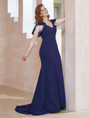 Robe Sirène avec Traîne de Balayage à Col en V Bleu Marine Grande Taille