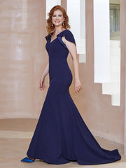 Robe Sirène avec Traîne de Balayage à Col en V Bleu Marine Grande Taille
