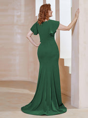 Robe Sirène avec Traîne de Balayage à Col en V Vert Foncé Grande Taille