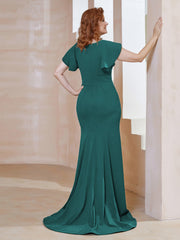 Robe Sirène avec Traîne de Balayage à Col en V Paon Grande Taille