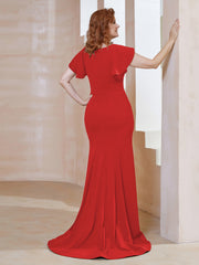 Robe Sirène avec Traîne de Balayage à Col en V Rouge Grande Taille