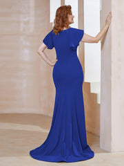 Robe Sirène avec Traîne de Balayage à Col en V Bleu Royale Grande Taille