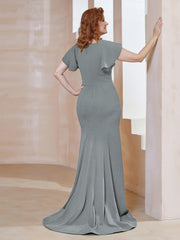 Robe Sirène avec Traîne de Balayage à Col en V Gris Acier