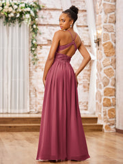 Maxi Robe en Mousseline avec Haut en Dentelle à Bretelles Spaghetti Cannelle Rose