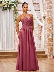 Maxi Robe en Mousseline avec Haut en Dentelle à Bretelles Spaghetti Cannelle Rose