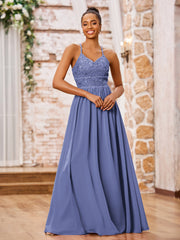 Maxi Robe en Mousseline avec Haut en Dentelle à Bretelles Spaghetti Pervenche