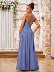 Maxi Robe en Mousseline avec Haut en Dentelle à Bretelles Spaghetti Pervenche