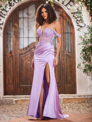 Maxi Robe en Satin à Hors de l'Épaule avec Corsage Corset et Fente Lilas