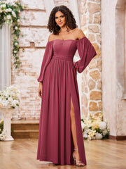 Robe en Mousseline à Manches Longues et Hors de l'Épaule avec Fente Cannelle Rose