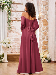 Robe en Mousseline à Manches Longues et Hors de l'Épaule avec Fente Cannelle Rose